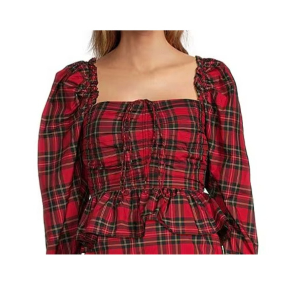 Antonio Melani NWT Elvira Plaid Square Neck‎ Long Puffed Sleeve Blouse Sz 6 Xmas